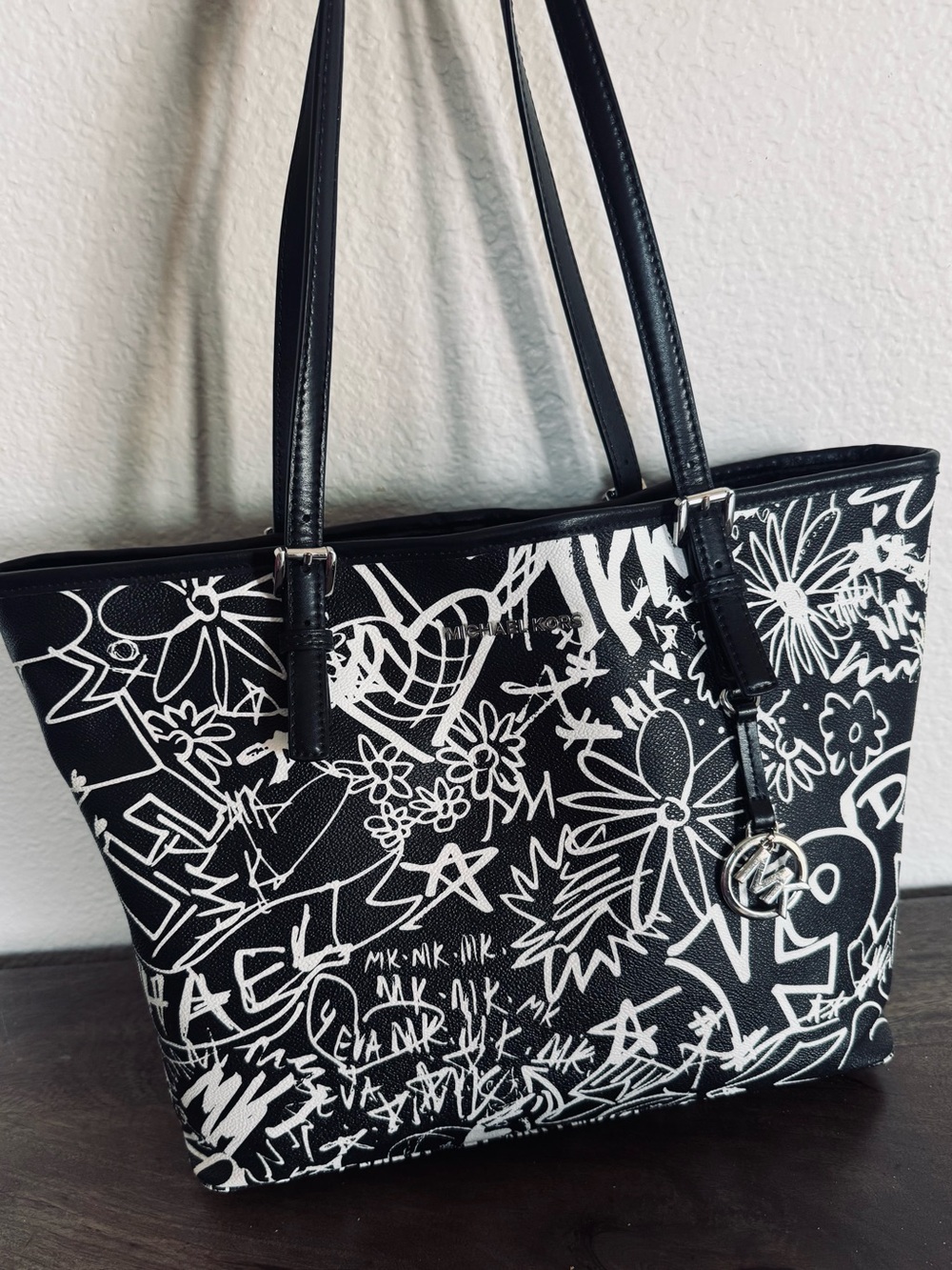 Michael Kors Black White Graffiti Print Tote Bag Purse